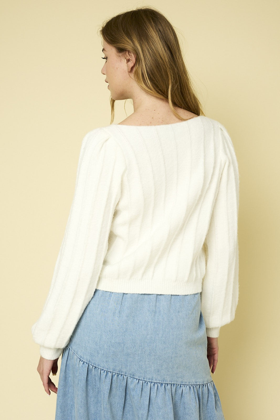 Ribbed Pointelle Bubble Sleeve Sweater-Ivory