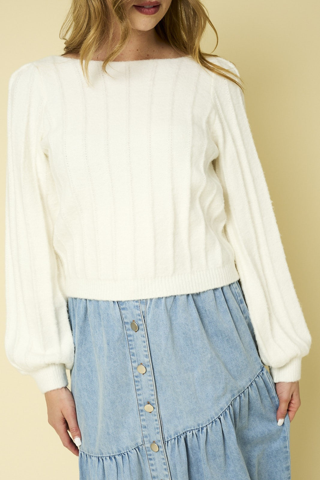 Ribbed Pointelle Bubble Sleeve Sweater-Ivory