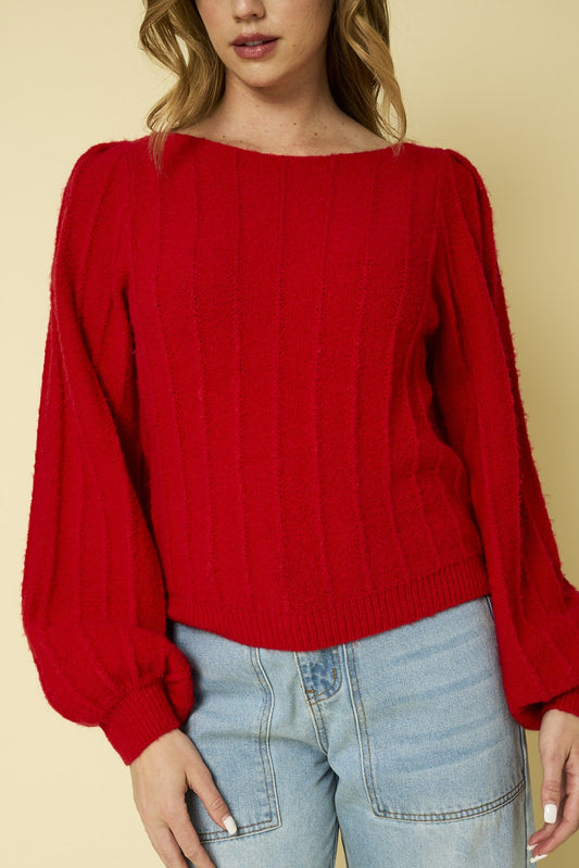 Ribbed Pointelle Bubble Sleeve Sweater-Red