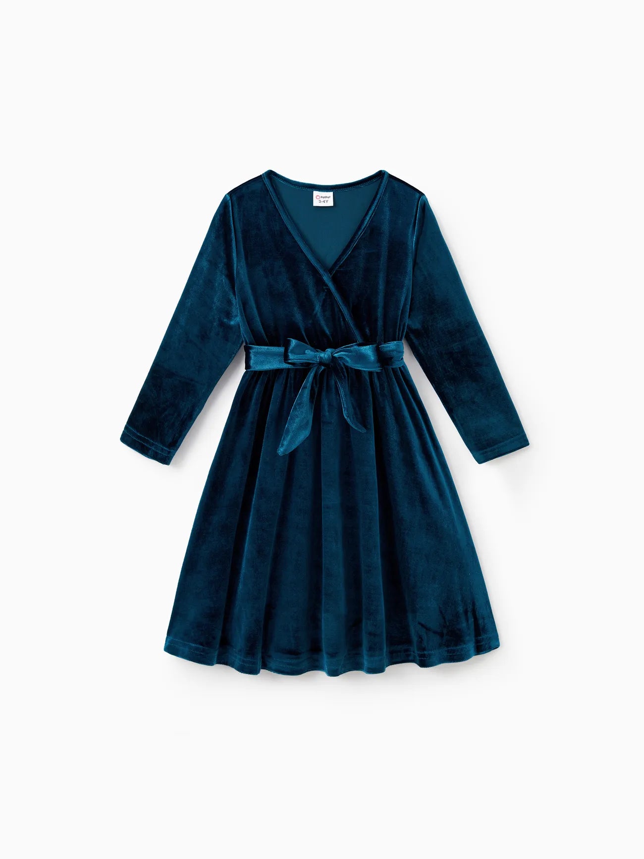 Long Sleeve V-Neck Velvet Dress-Deep Blue