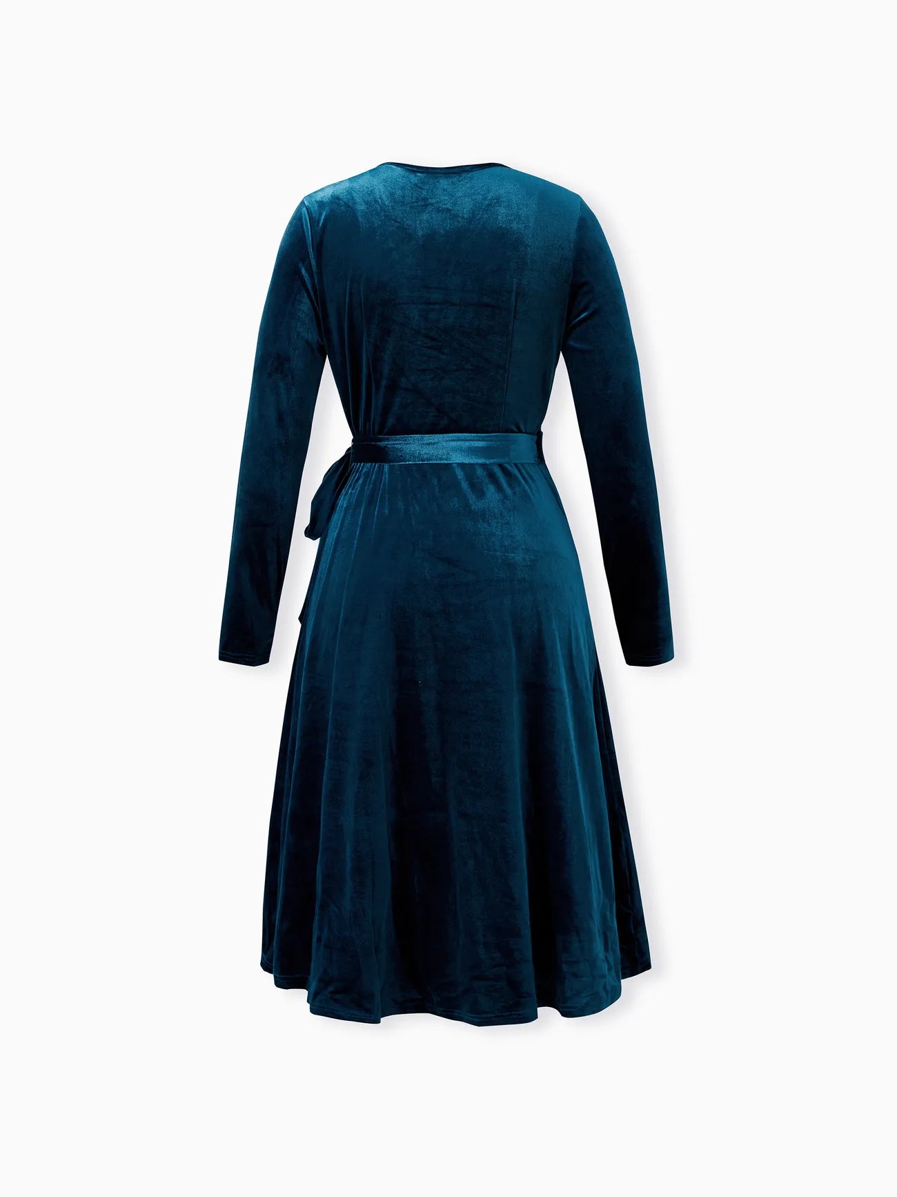 Surplice Long Sleeve Wrap Velvet Dress-Deep Blue