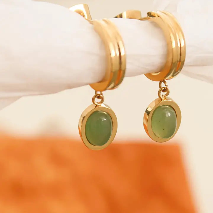 18K Non-Tarnish Dainty Aventurine Stone Dangle Earrings-Gold