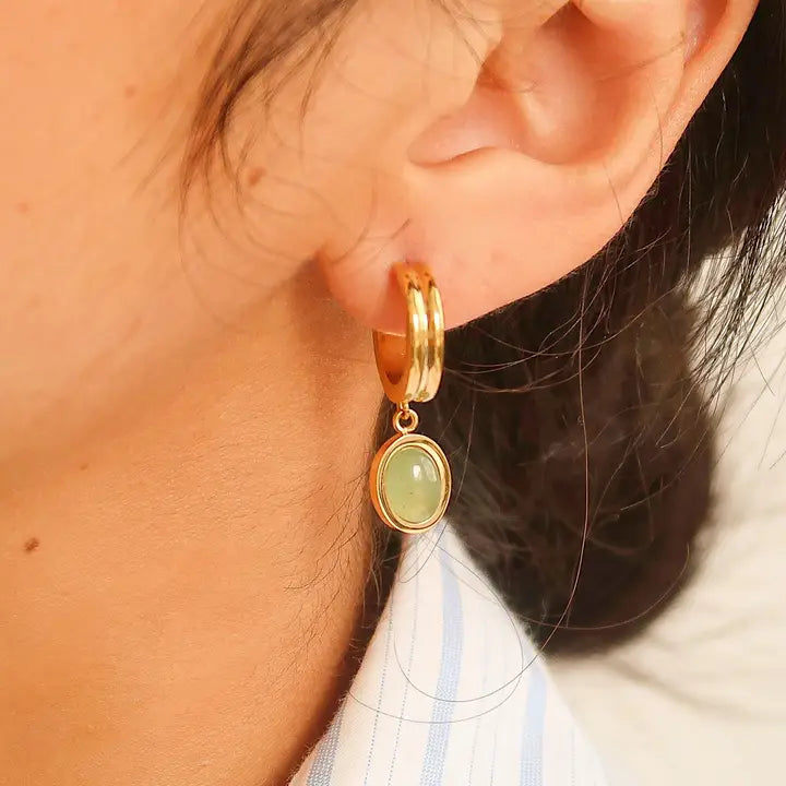 18K Non-Tarnish Dainty Aventurine Stone Dangle Earrings-Gold