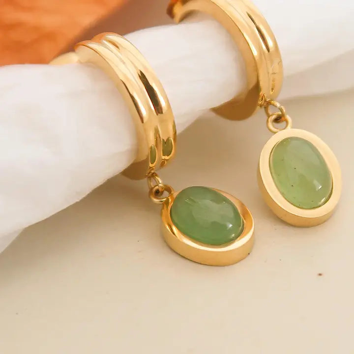 18K Non-Tarnish Dainty Aventurine Stone Dangle Earrings-Gold