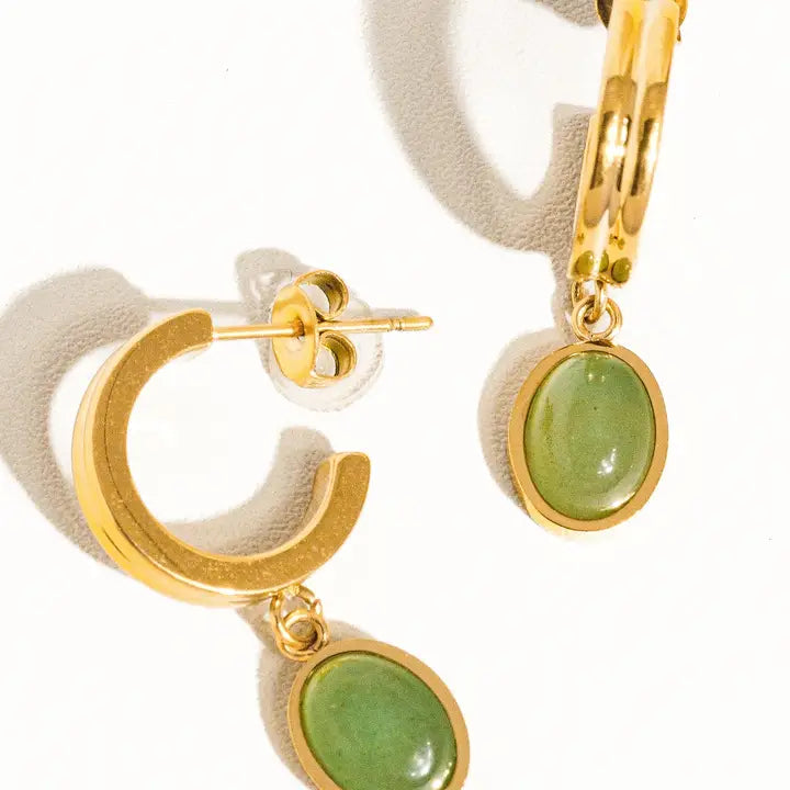 18K Non-Tarnish Dainty Aventurine Stone Dangle Earrings-Gold