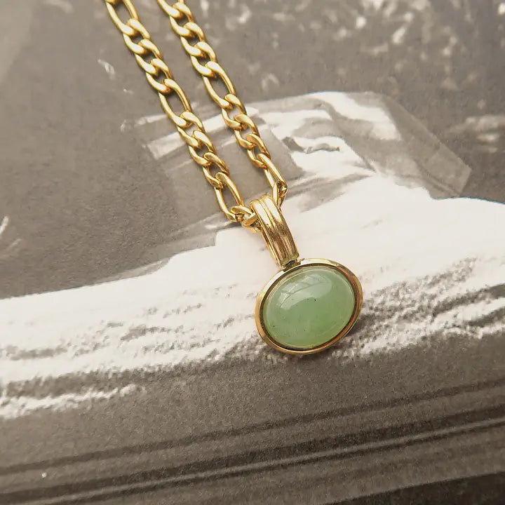 18K Non-Tarnish Aventurine Stone Pendant Necklace-Gold