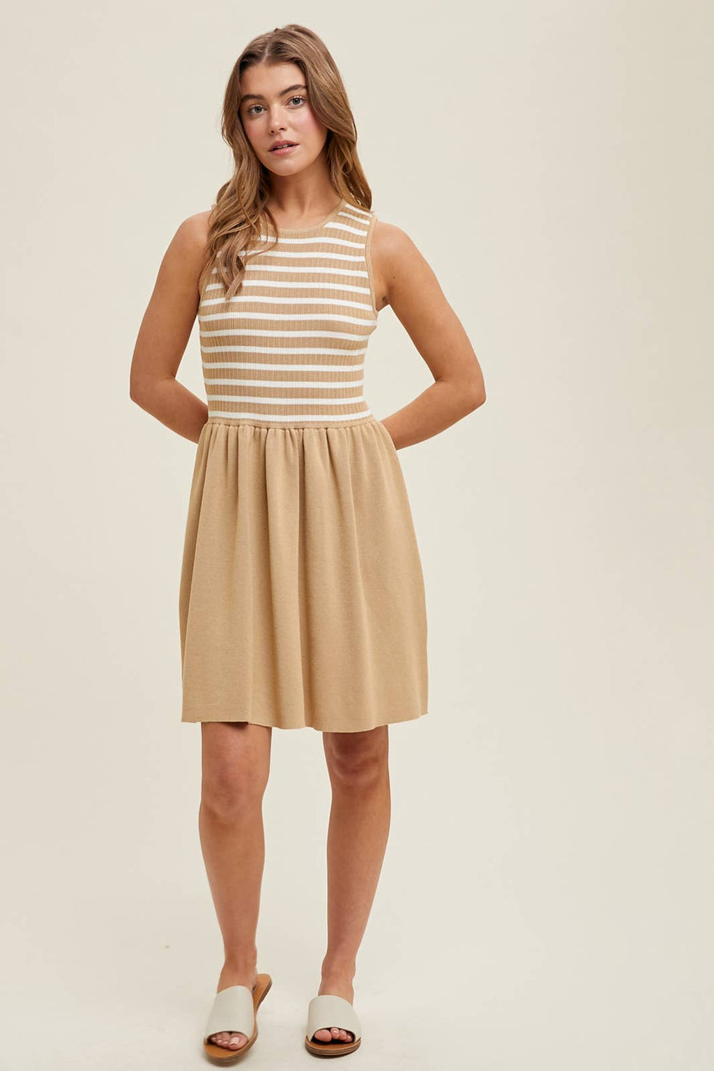 Striped Contrast Tank Knit Dress-Taupe White