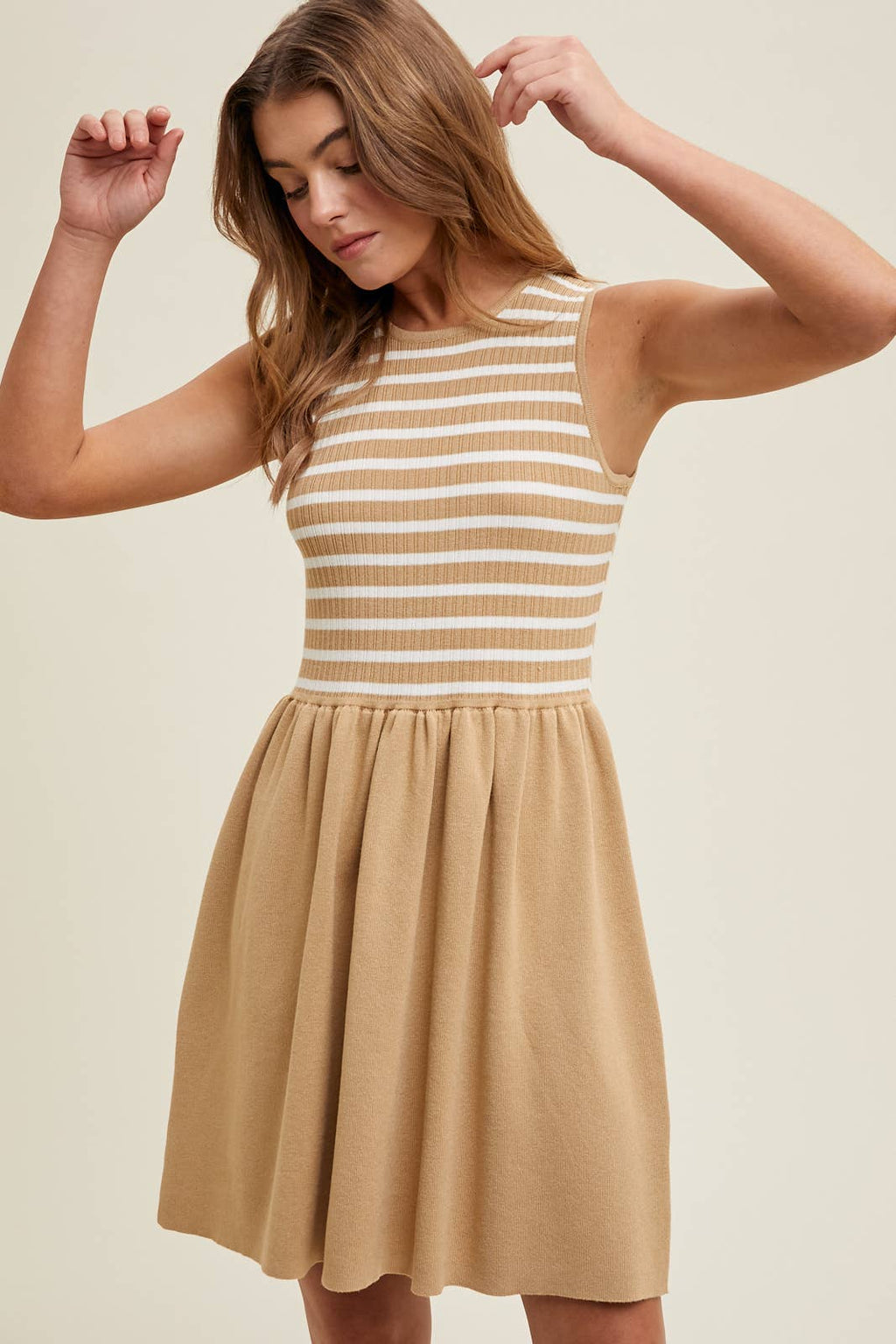 Striped Contrast Tank Knit Dress-Taupe White