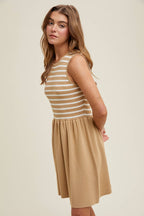 Striped Contrast Tank Knit Dress-Taupe White