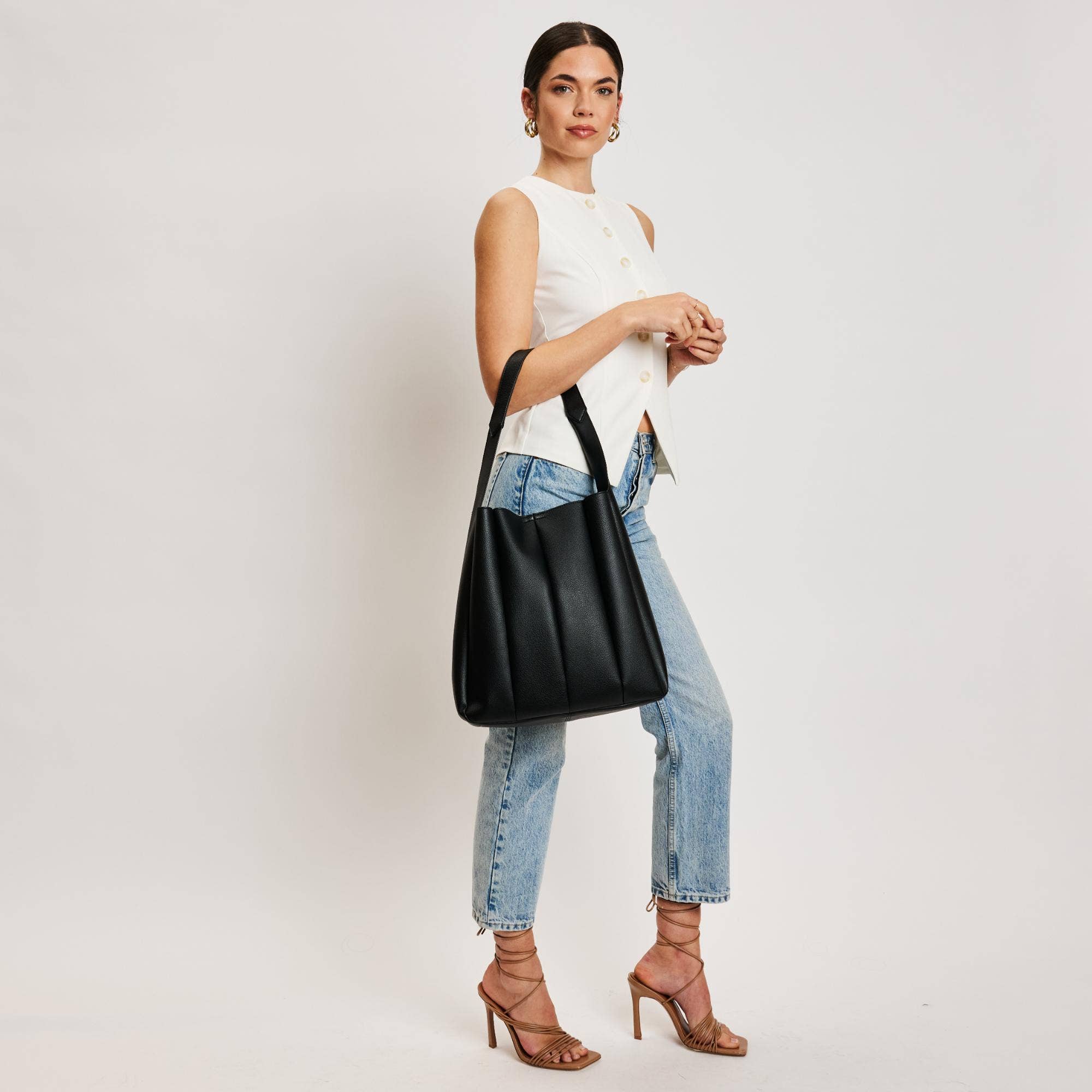 Pleated Detail Hobo Handbag-Black