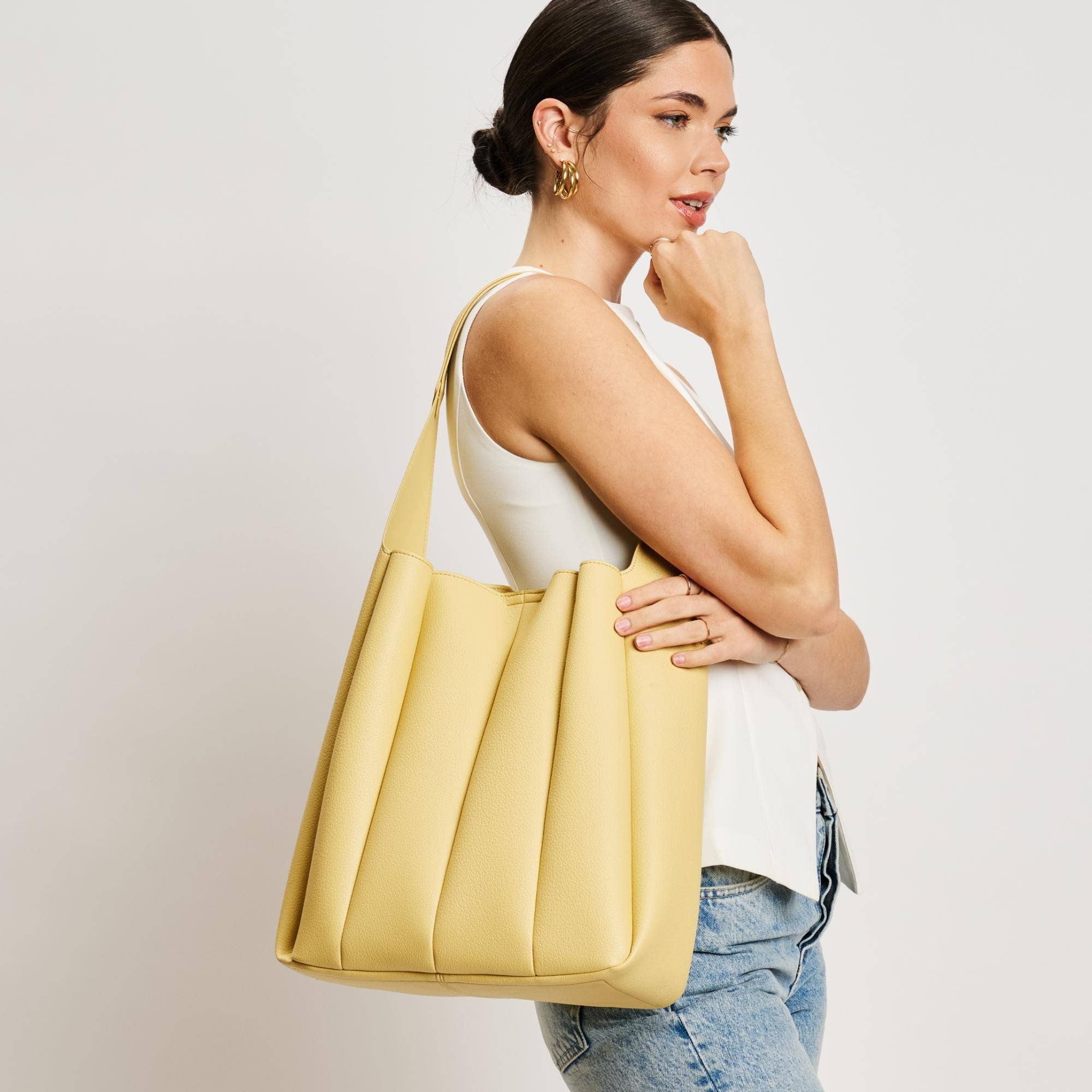 Pleated Detail Hobo Handbag-Butter Yellow