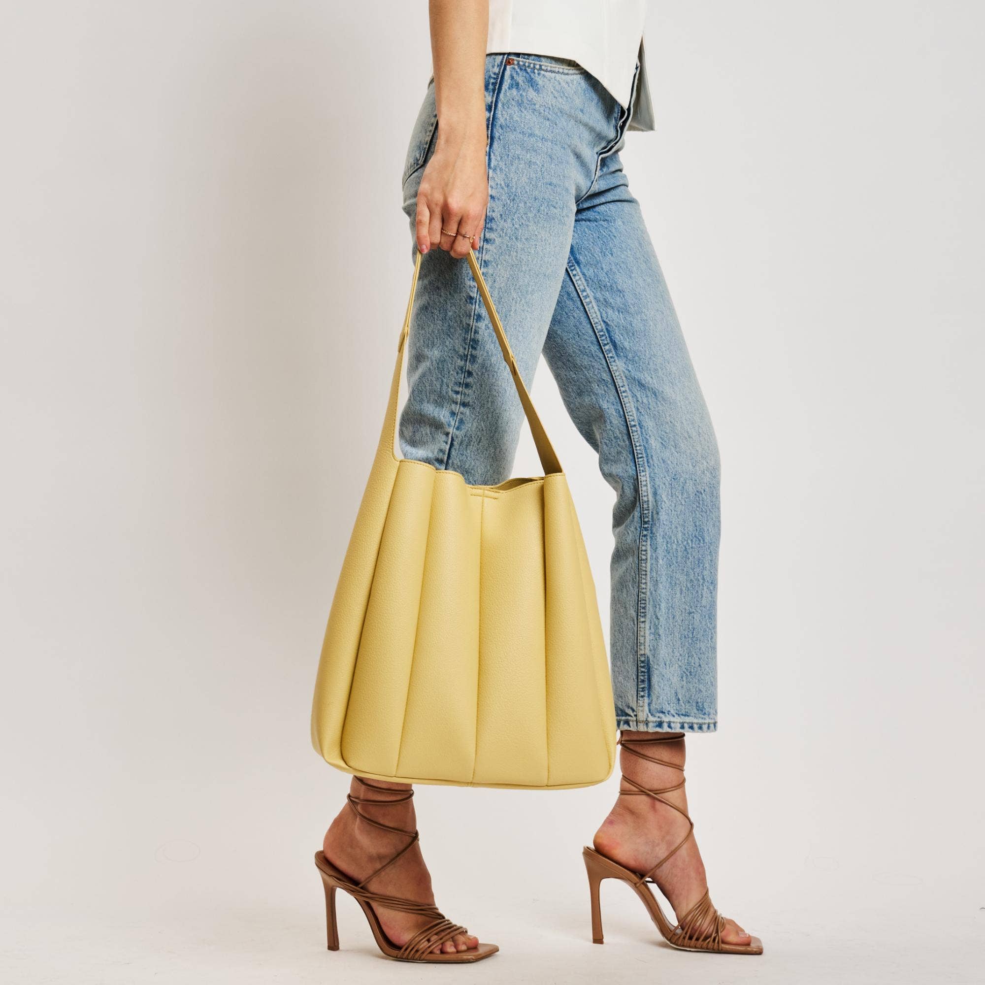 Pleated Detail Hobo Handbag-Butter Yellow