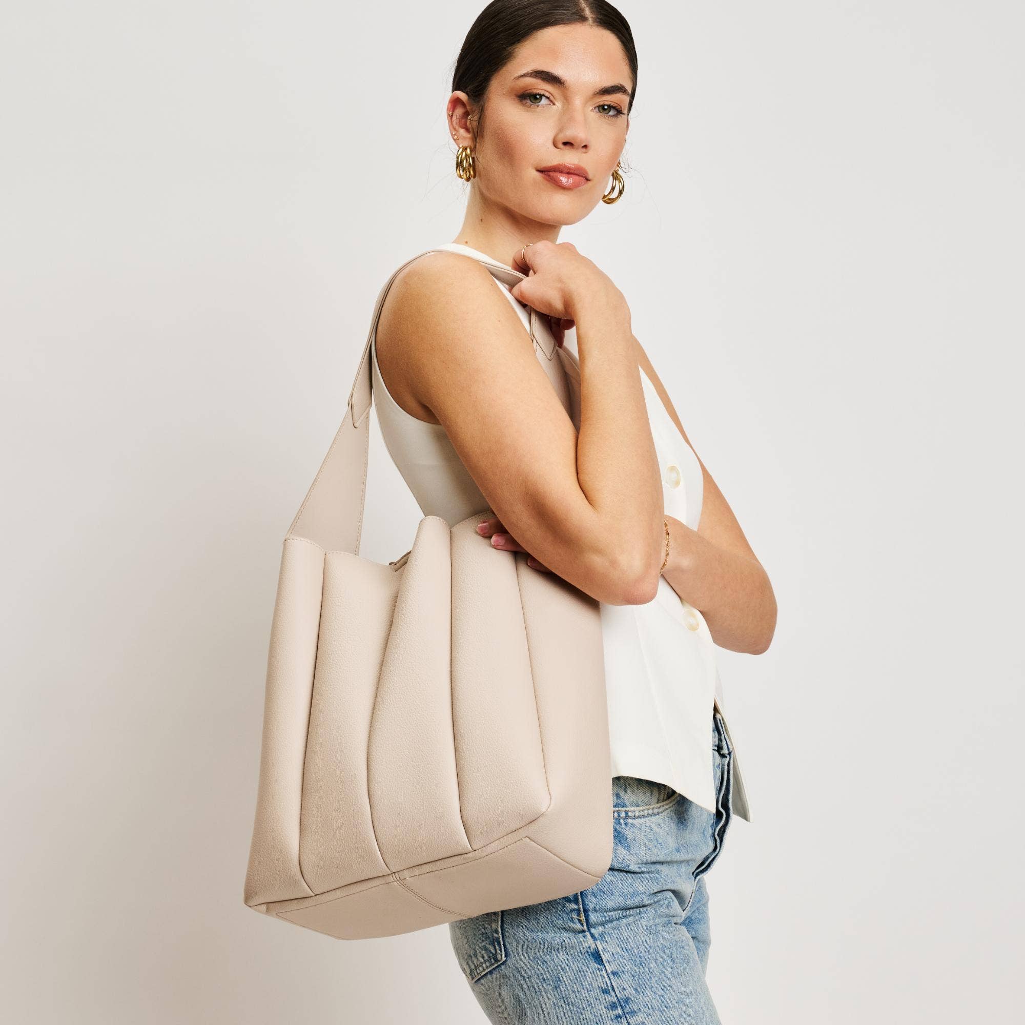 Pleated Detail Hobo Handbag-Oatmeal
