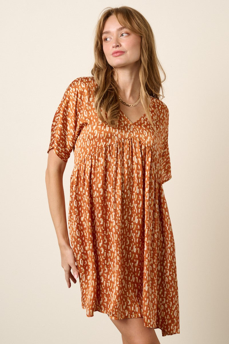 Animal Print Dolman Sleeve Babydoll Dress-Rust