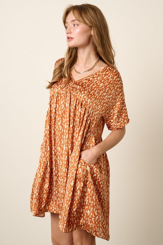 Animal Print Dolman Sleeve Babydoll Dress-Rust