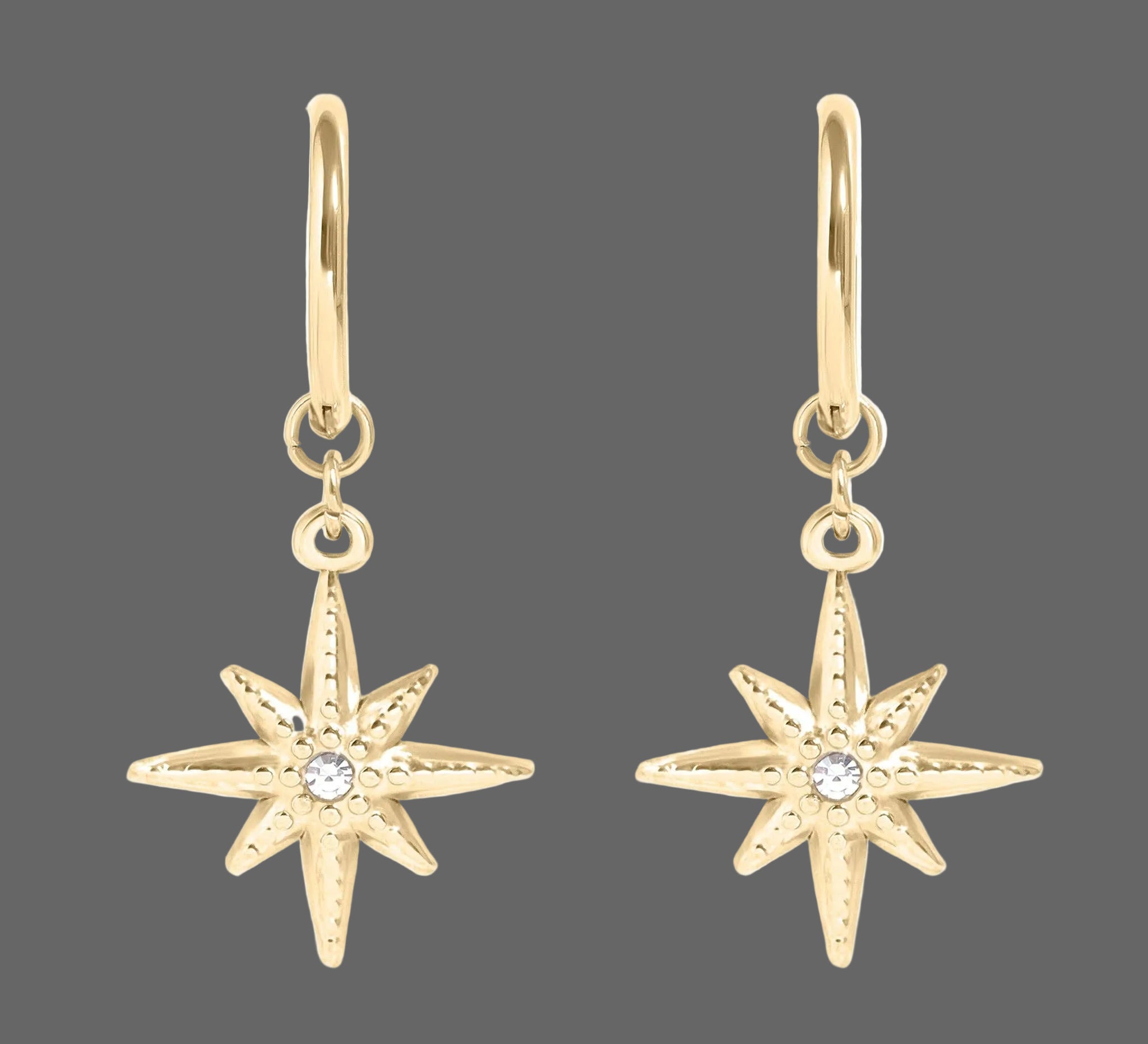 18k gold-plated compass charm huggie earrings with center cubic zirconia stone on a white background