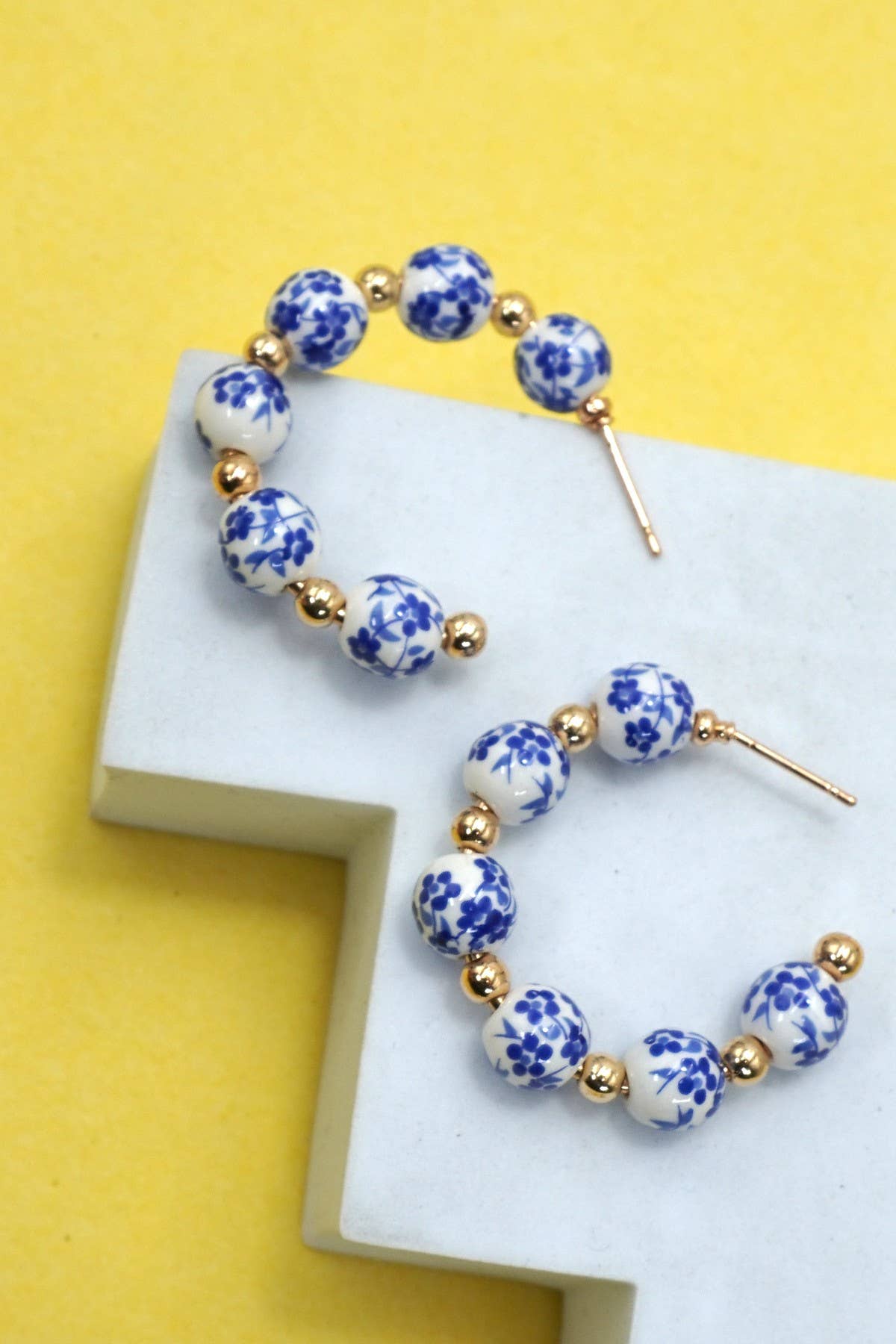 June Non-Tarnish Floral Porcelain Hoop Earrings-18K Gold-Plated