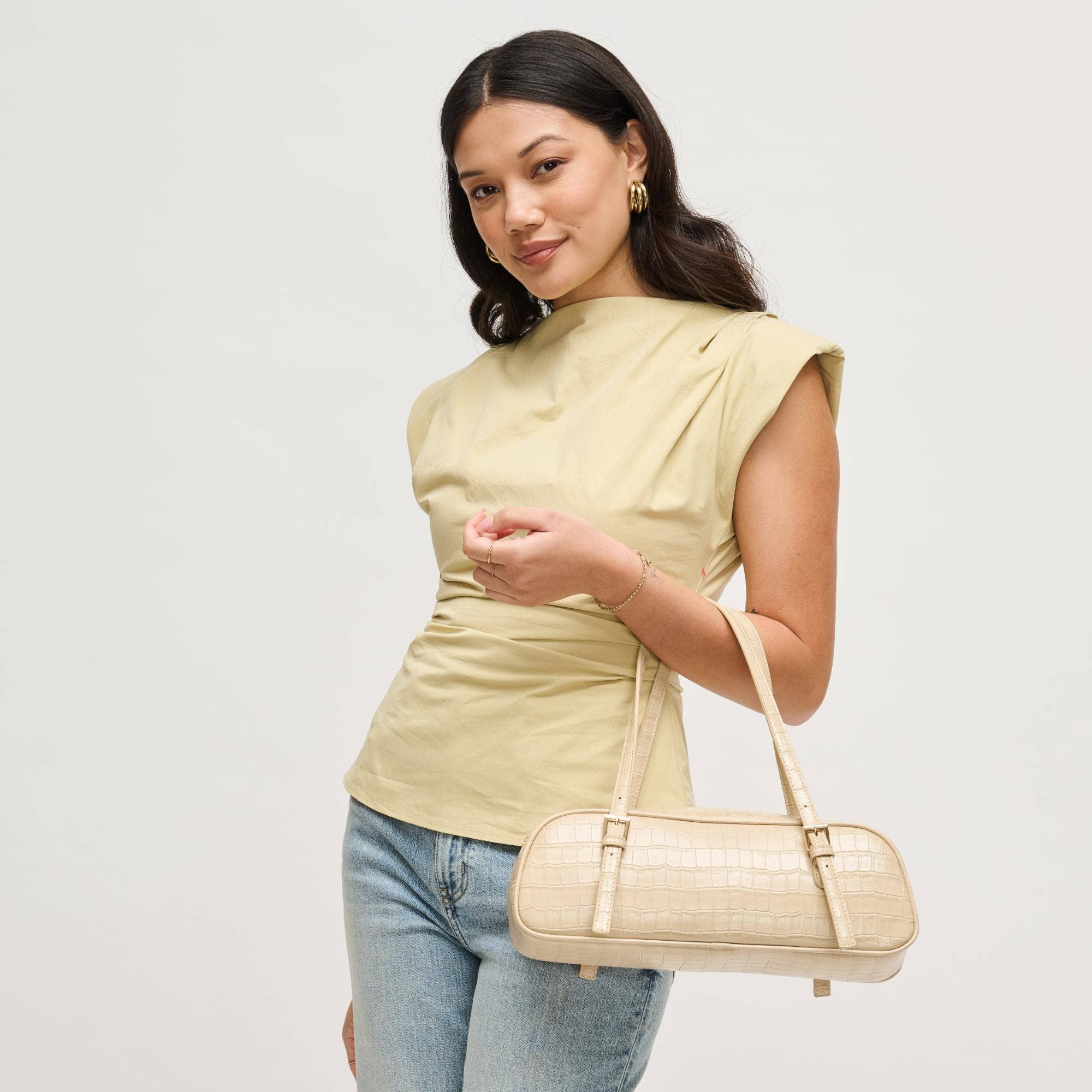 Athena Slim Baguette Shoulder Bag-Nude Vegan Leather
