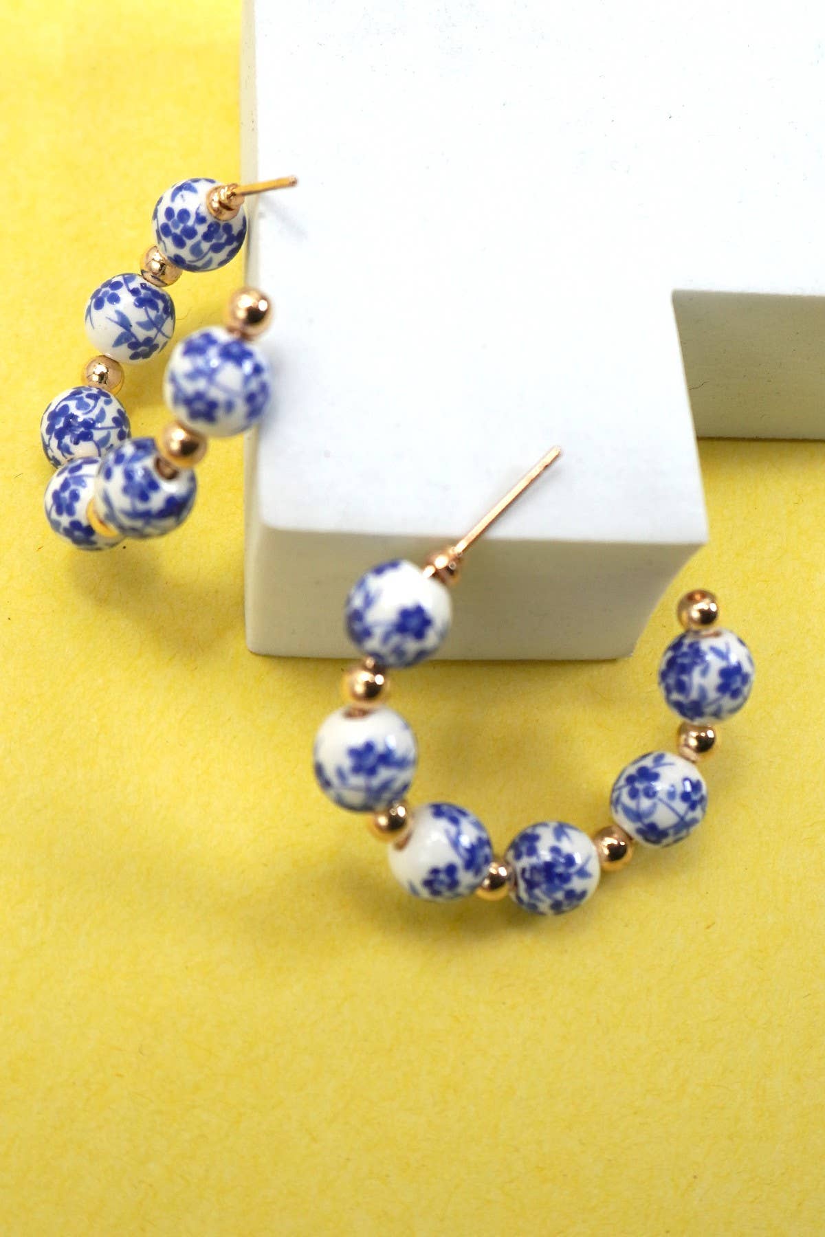 June Non-Tarnish Floral Porcelain Hoop Earrings-18K Gold-Plated