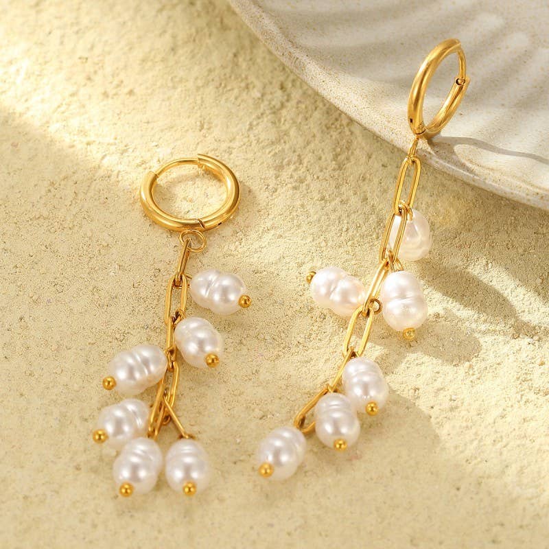 Eva Non-Tarnish Freshwater Pearl Dangle Huggie Earrings-18K Gold-Plated