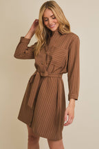 Ainsley Striped Button Dress-Brown White Flowy