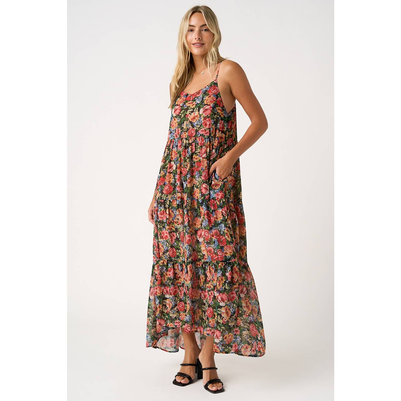 Evans Floral Tiered Maxi Dress-Black Red Chiffon