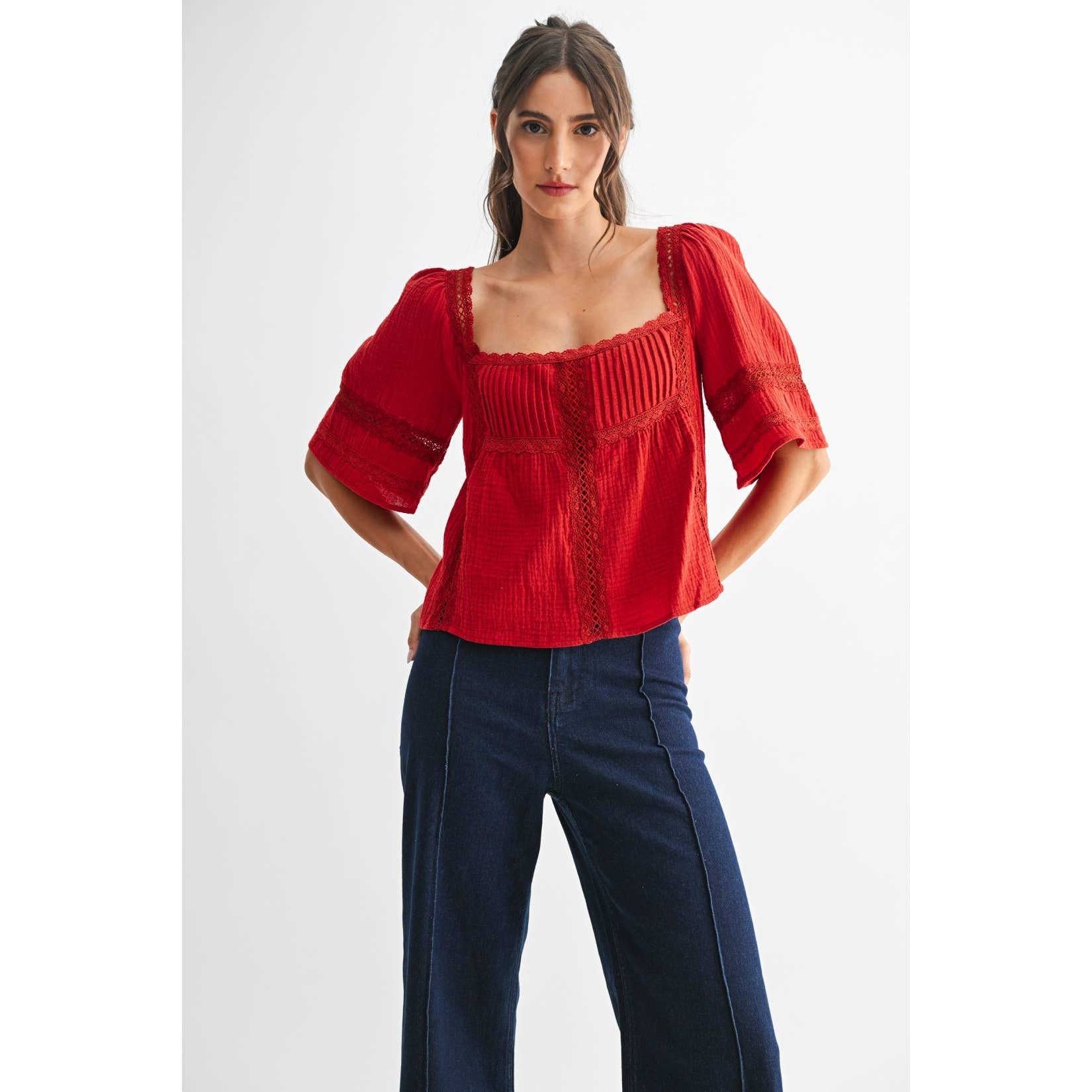 Ana Lace Trimmed Short Sleeve Blouse-Red Cotton