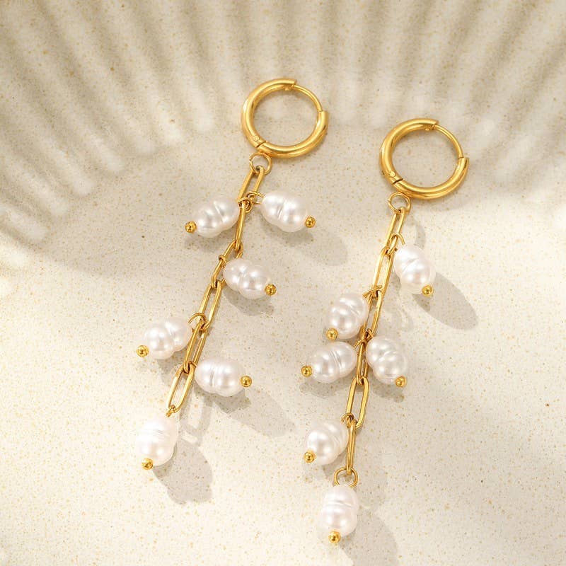 Eva Non-Tarnish Freshwater Pearl Dangle Huggie Earrings-18K Gold-Plated