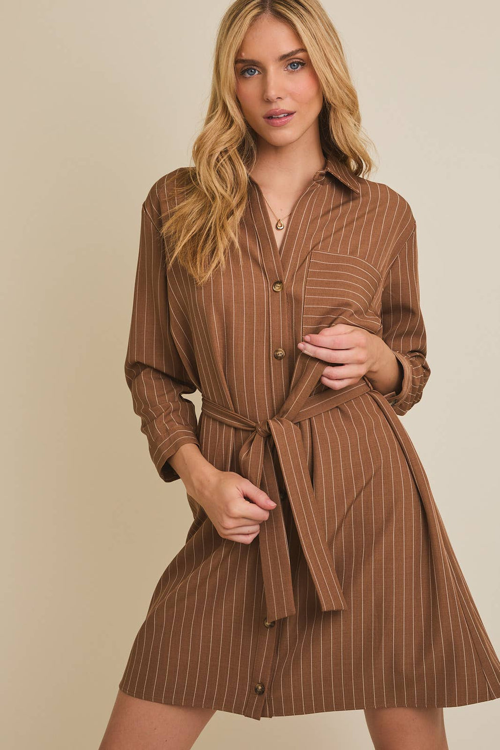 Ainsley Striped Button Dress-Brown White Flowy