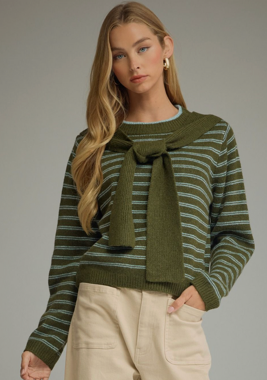 Janna Draped Shoulder Striped Sweater-Olive Blue Knit